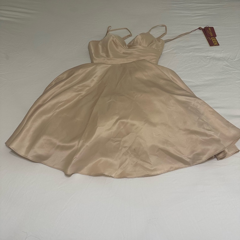 May Queen Elegant Beige Satin Dress, fits size small, for all type of occasions
